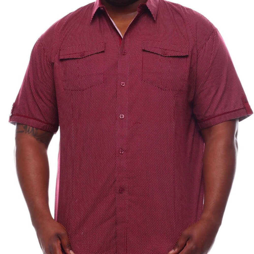Polka Dot Burgundy Men's Woven Button Up Shirt (B&T) SZ 3XLB